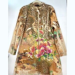 Leopard Floral Crinkle Button Front Merchante Jacket M Pockets Bohemian Eclectic